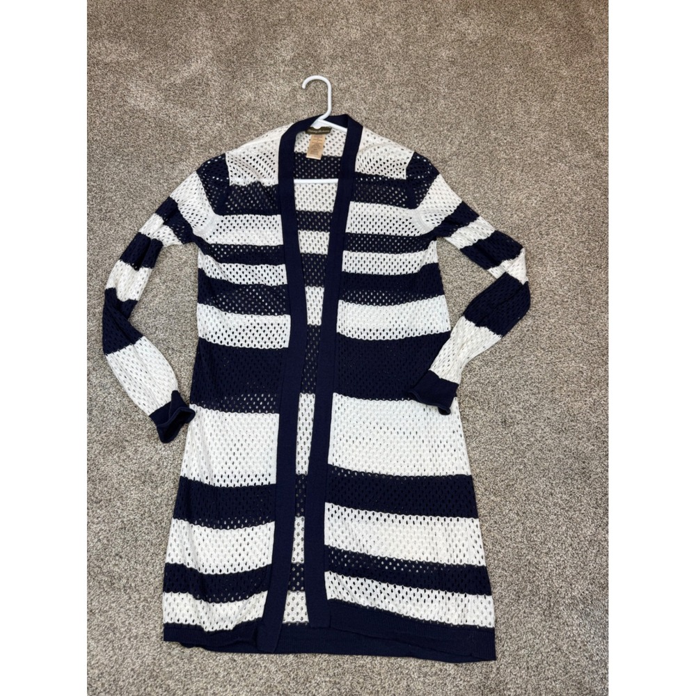 Tommy Bahama Womens Navy White Striped Open Knit Cardigan Duster XS TSW62318C